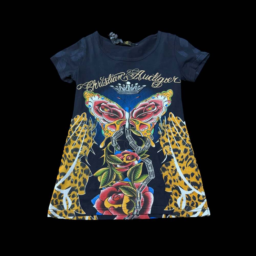 Christian Audigier Est. 1958 Los Angeles Y2K Rhinestone Rose and Dagger Tee